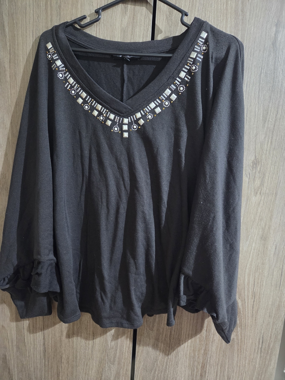 B.L.E.U. Black V-Neck Jeweled Long-Sleeve Top